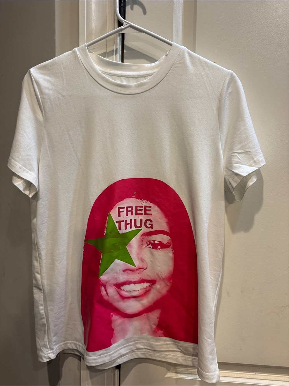 SHEIN White Graphic Tee with Pink & Green Print